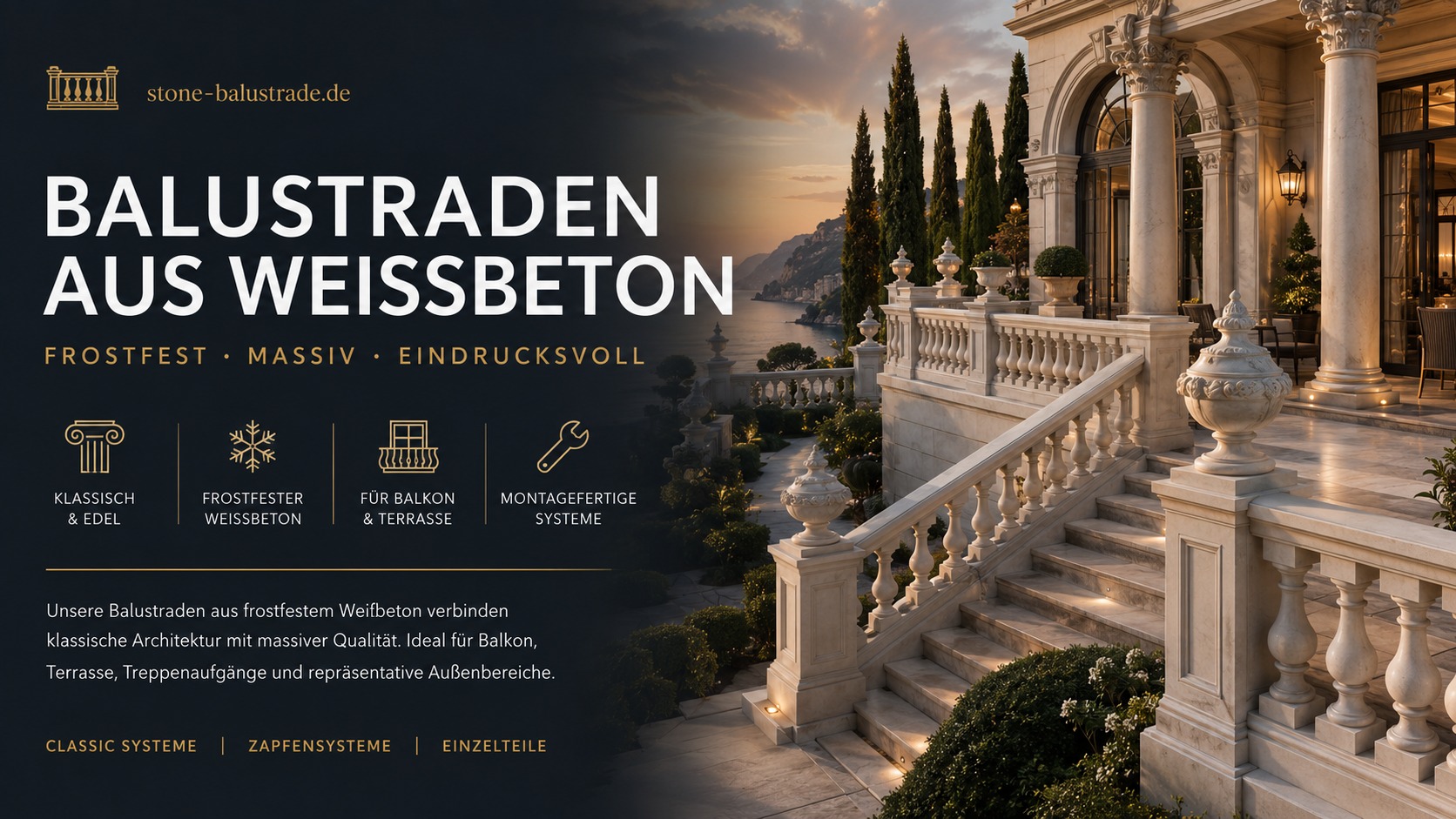 Protziges Startbild mit klassischer Weißbeton-Balustrade, Säulen, Terrasse und mediterraner Architektur